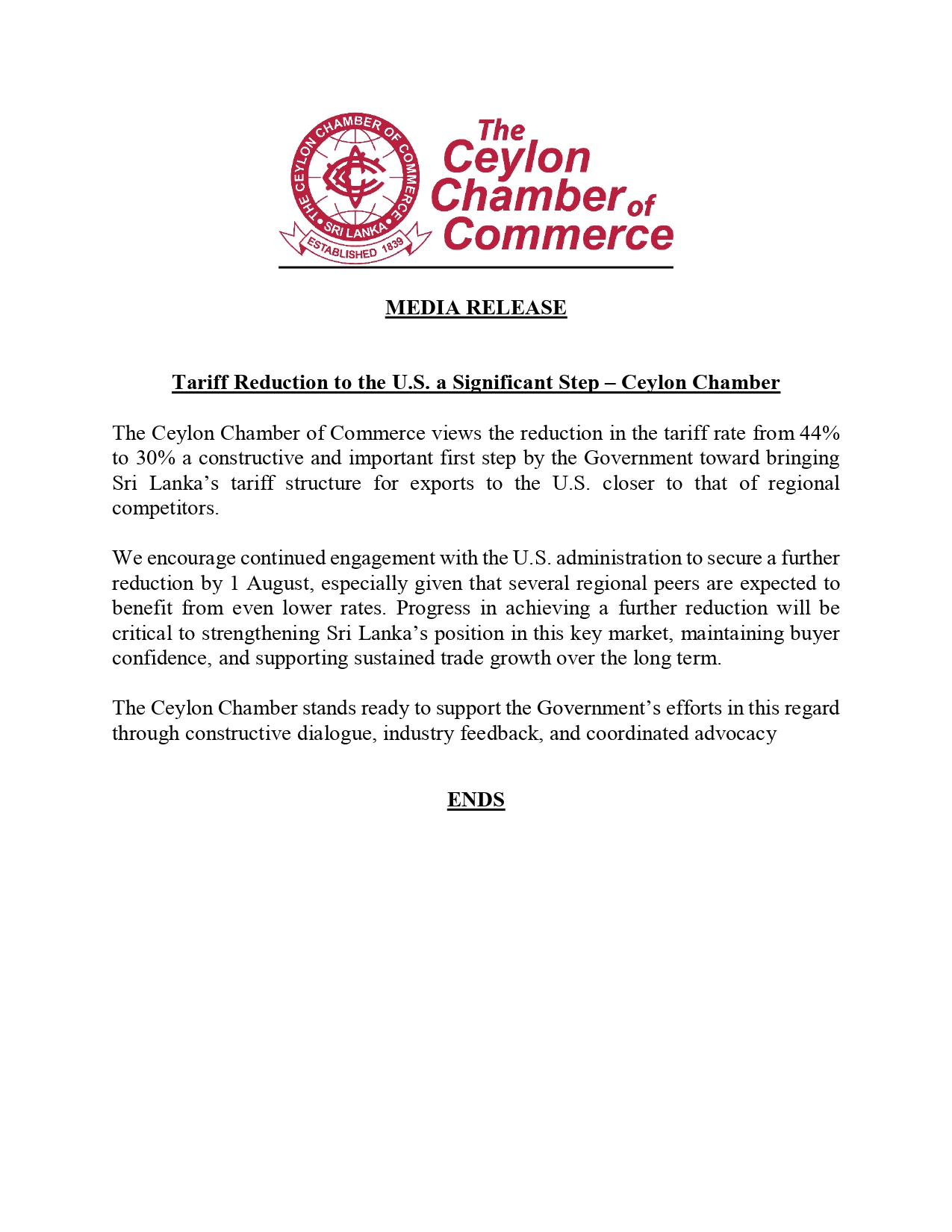 Tariff Reduction to the U.S. a Significant Step Ceylon Chamber page 0001
