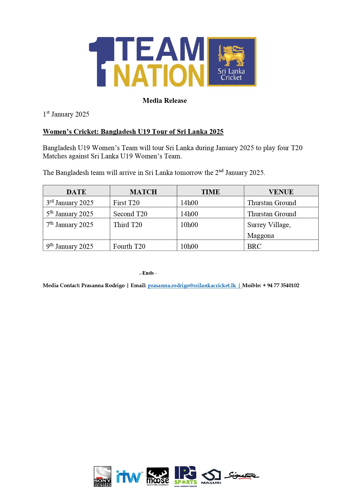 Media Release SLCM202501 Bangladesh U19 Tour of Sri Lanka 2025 page 0001